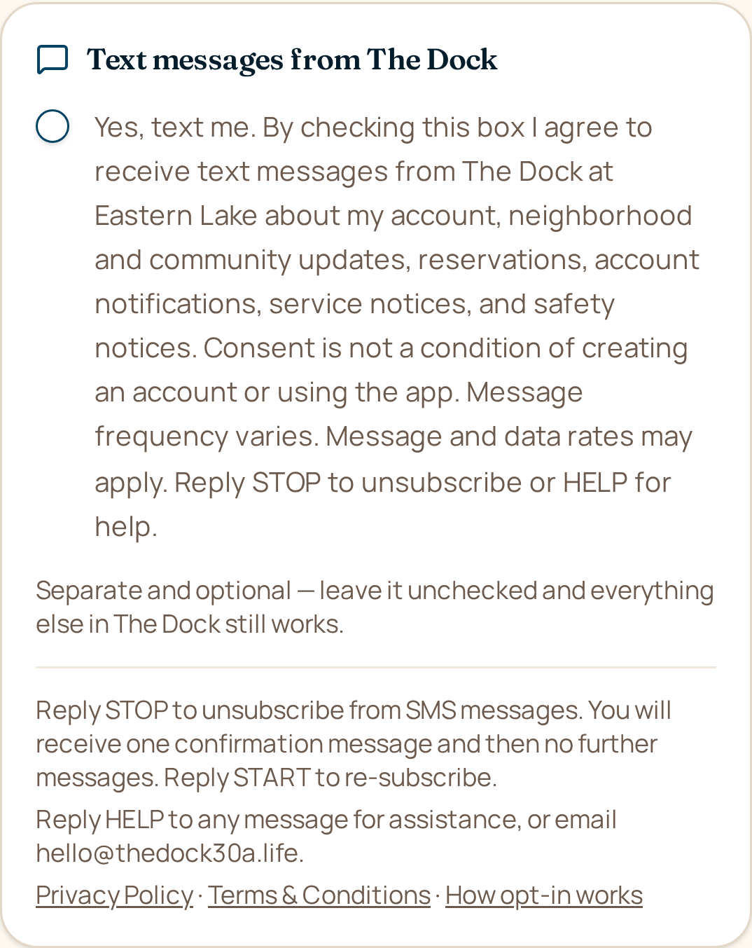Screenshot of the in-app Text Messages opt-in screen. The checkbox for 'Text messages from The Dock' is unchecked by default. The screen shows the full consent language, message frequency disclosure, message and data rates disclosure, STOP and HELP instructions, the statement that SMS consent is optional, and links to the Privacy Policy and Terms & Conditions.