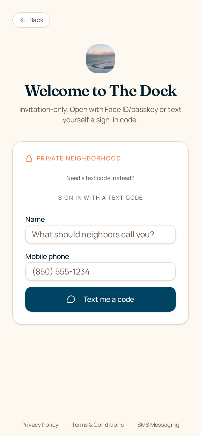 Live screenshot of The Dock resident sign-in screen at thedock30a.life. The private-neighborhood card shows a Name field, a Mobile phone field, and a 'Text me a code' button. No email sign-in option is shown. Entering a phone number here only requests a one-time authentication code and is not consent to receive recurring SMS messages.